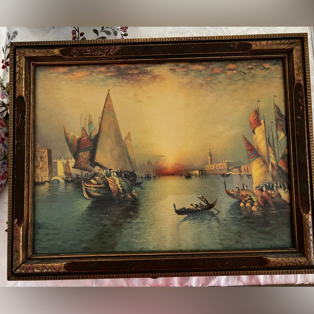 Framed Venetian Harbor Sailboat Painting in Teal and Gold - Picture 5 of 12